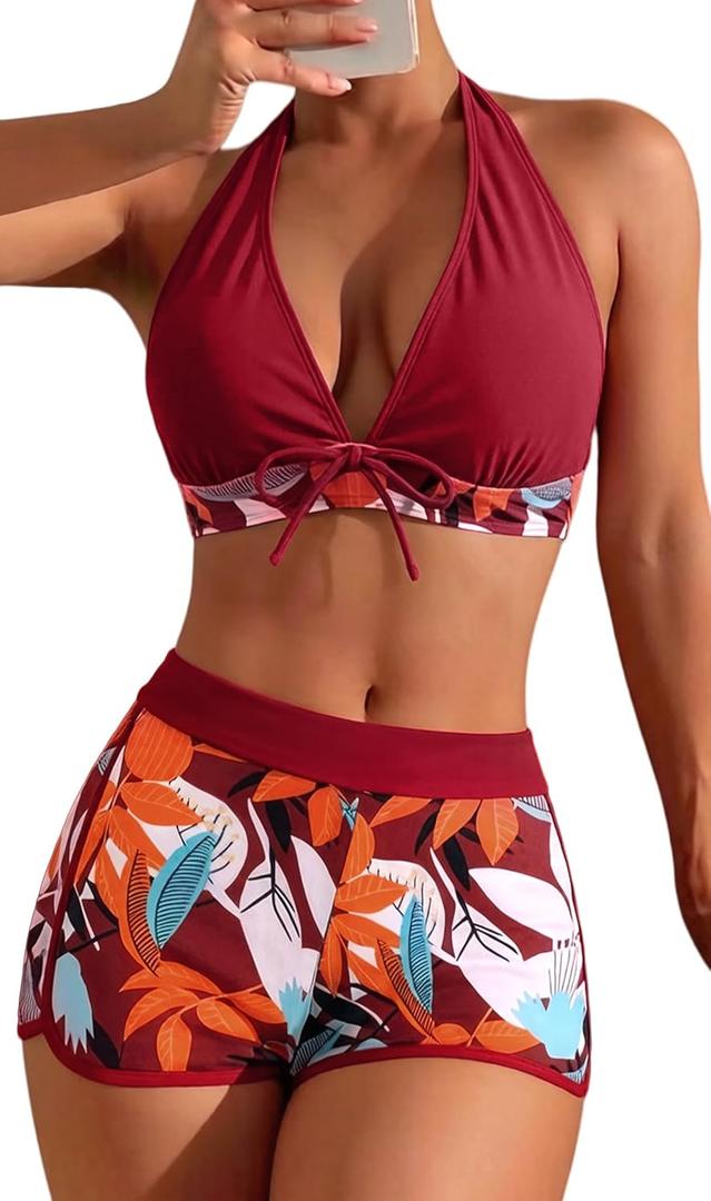 Women's Two Piece Halter Swimsuit V Neck Push Up Bikini Set Swimwear with Boyshorts Swimwear for Swimming Pool, L
