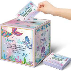 Teling 51 Pieces Diaper Raffle Tickets with Card Box Baby Shower Decorations Baby Shower Holder Box for Girl Boy Diaper Raffle Party, Mermaid 