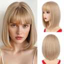 NOTICEME 14 Inch Blonde Bob Wig with Bangs, Short Straight Synthetic Heat Resistant Wigs for Women with Adjustable Straps & Wig Cap for Party Cosplay Daily Use
