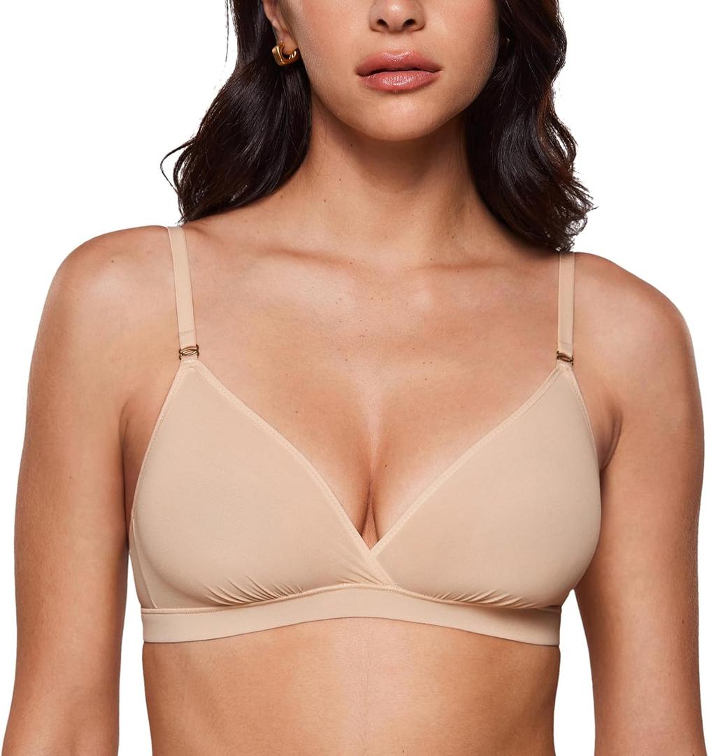 INLYRIC Women's Cosnufy Sheer Triangle Bralettes - Unlined Mesh Sexy Comfortable No Padding Bras No Underwire (Large, Beige)