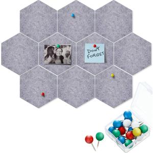Outus 10 Packs Pin Board Hexagon Felt Tiles Memo Bulletin Board with 20 Pieces Push Pins, Decoration for Home Office Wall(5.9 x 7 Inches/ 15 x 17.7 cm,Gray)