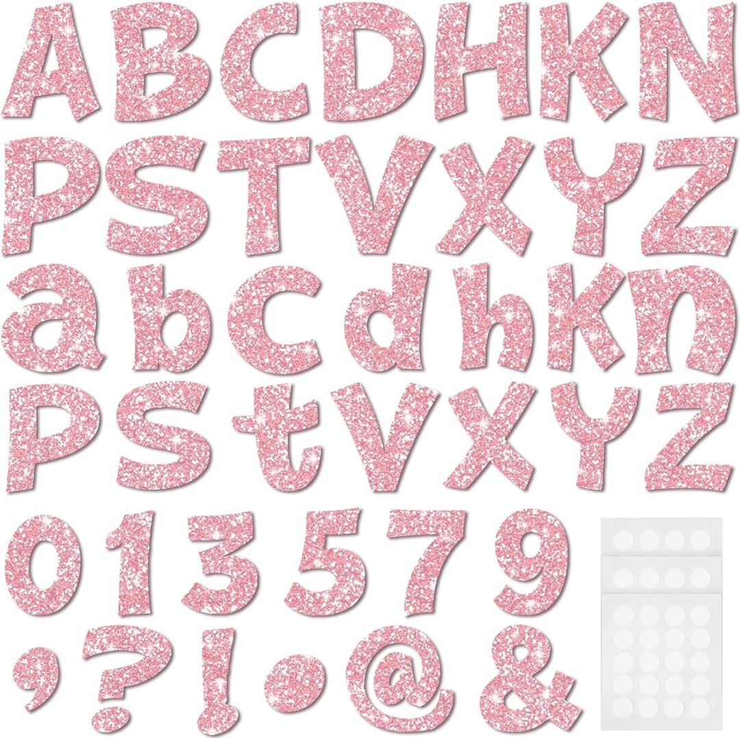 Colarr 216 Pcs Glitter Bulletin Board Letters for Classroom Number Alphabet Punctuation Symbol Cutout 4'' Die-Cut Poster Letter with Adhesive Dot School Party Holiday Decor Display(Light Pink)