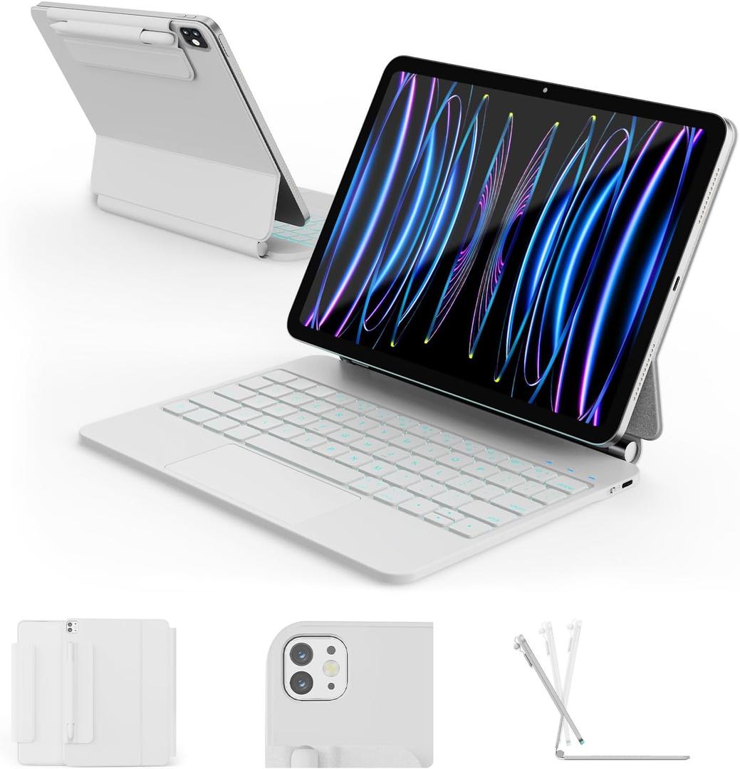 RAYMCRAFT for iPad Air 11inch (M3 2025 / M2 2024) & iPad Pro 11 inch(1st/2nd/3rd/4th Gen), Magic Keyboard for Air 4/5 10.9", Springy Backlit Keys, StainResistant Surface, MultiTouch Trackpad, White