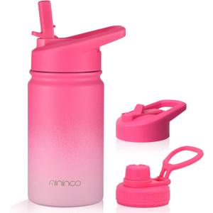 Mininoo Insulated Kids Water Bottle, 12 oz Stainless Steel Water Bottle Kids with Straw Lid and Chug Lid for Girls, Boys (Sweat Peach)