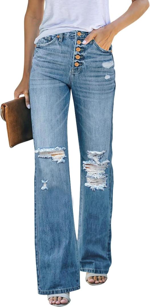 LookbookStore High Waisted Ripped Flare Jeans for Women Distressed Bell Bottom Jeans Wide Leg Pants (Blue, M)