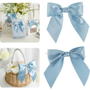 AIMUDI Dusty Blue Satin Bows 5.5" Bows for Gift Wrapping Satin Twist Tie Bows Premade Ribbon Bows for Treat Bags Invitations Baskets Wreaths Crafts Wedding Birthday Baby Shower Decorations, 24 PCs