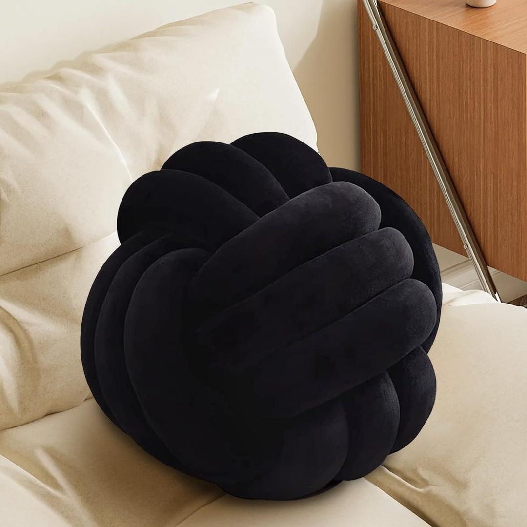 Black Knot Pillow Ball, Handmade Decorative Throw Pillow, Soft Round Knotted Cushion for Couch & Bedroom, Cute Home Decor, Braided Pillow for Living Room (7.87 Inches)
