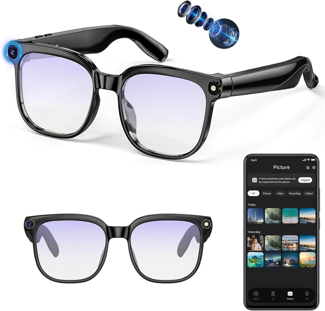 AI Smart Glasses with Camera, 4K 800W HD Video Recording Glasses with Audio, Bluetooth Sunglassess with Camera, Real-Time Translation, Voice Assistant, Object Recognition, Hands-Free Music Calls