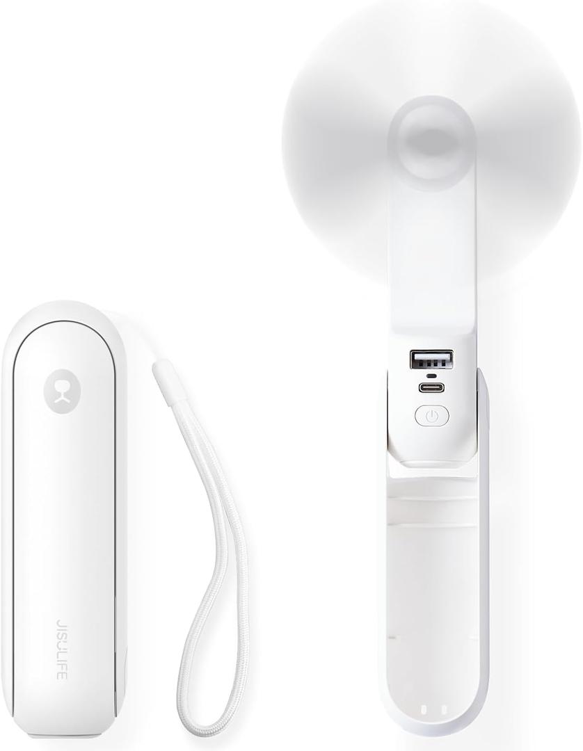 JISULIFE Portable Handheld Fan, Mini Personal 3-In-1 with Power Bank&Flashlight, 12-19 Hrs USB Rechargeable Battery Pocket Fan for Travel/Summer/Vacation/Concert, Essential Gifts for Men/Women-White