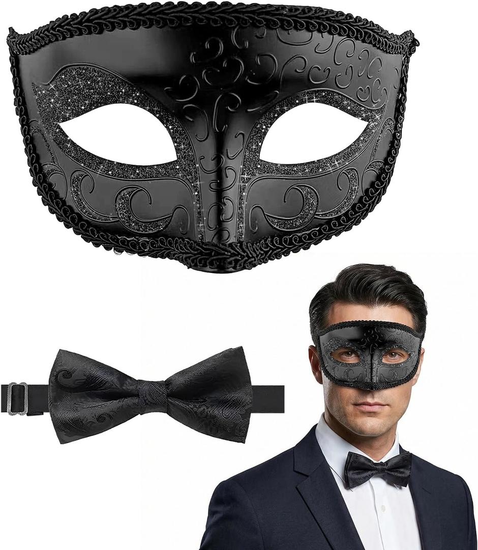Masquerade Mask for Men Venetian Style Mens Masquerade Mask with Bowtie for Halloween & Costume Parties