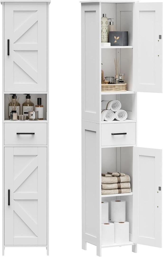 Homhedy 67" H Tall Bathroom Storage Cabinet with 2 Barn Doors and 1 Drawer, Narrow Storage Unit, Adjustable Shelves, Floor Cabinet for Bathroom, Living Room, Entryway, Kitchen, White, (11.8" W), 11.8"D x 11.8"W x 66.9"H