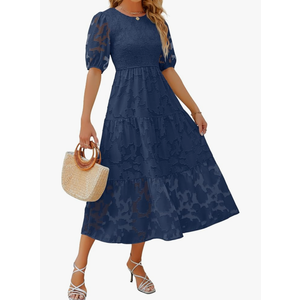 ZESICA Women's 2025 Summer Short Puff Sleeve Crewneck Smocked Floral Lace Flowy A Line Tiered Maxi Dresses Size XL ZESICA Women's 2025 Summer Short Puff Sleeve Crewneck Smocked Floral Lace Flowy A Line Tiered Maxi Dresses Size XL
