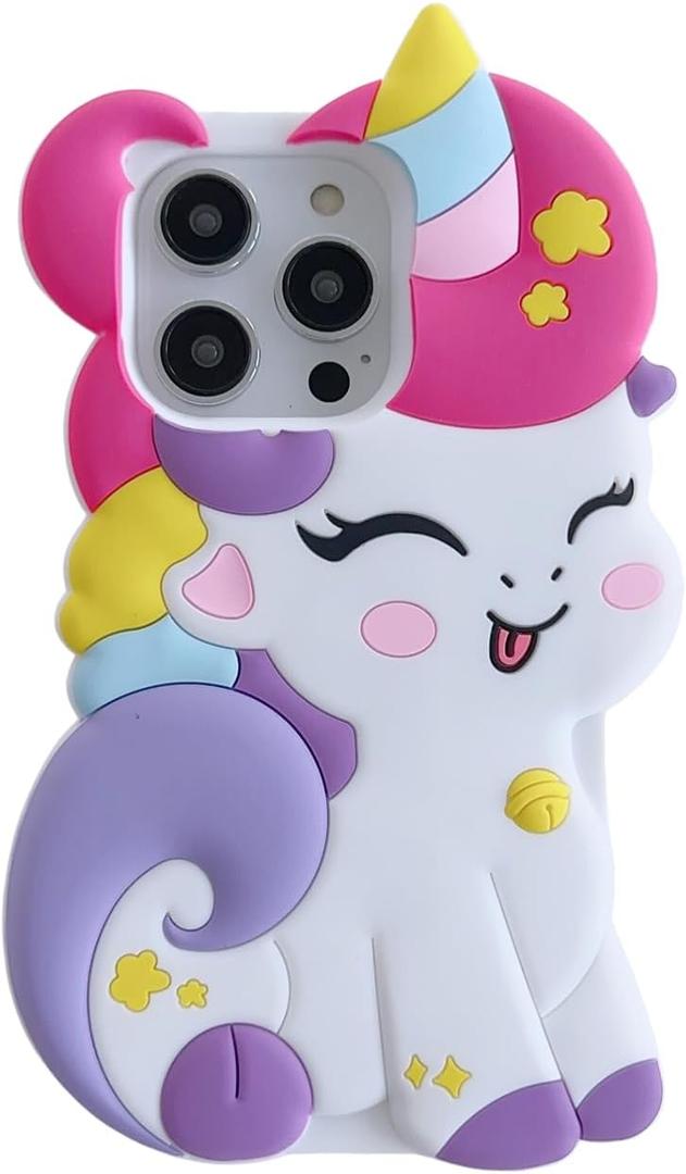 3D Cute Unicorn Soft Case for iPhone 15 Pro 6.1 inch, 3D Cute Cartoon Kawaii Fashion Character Unicorn Horse Shape Kids Girls Women Soft Silicone Case