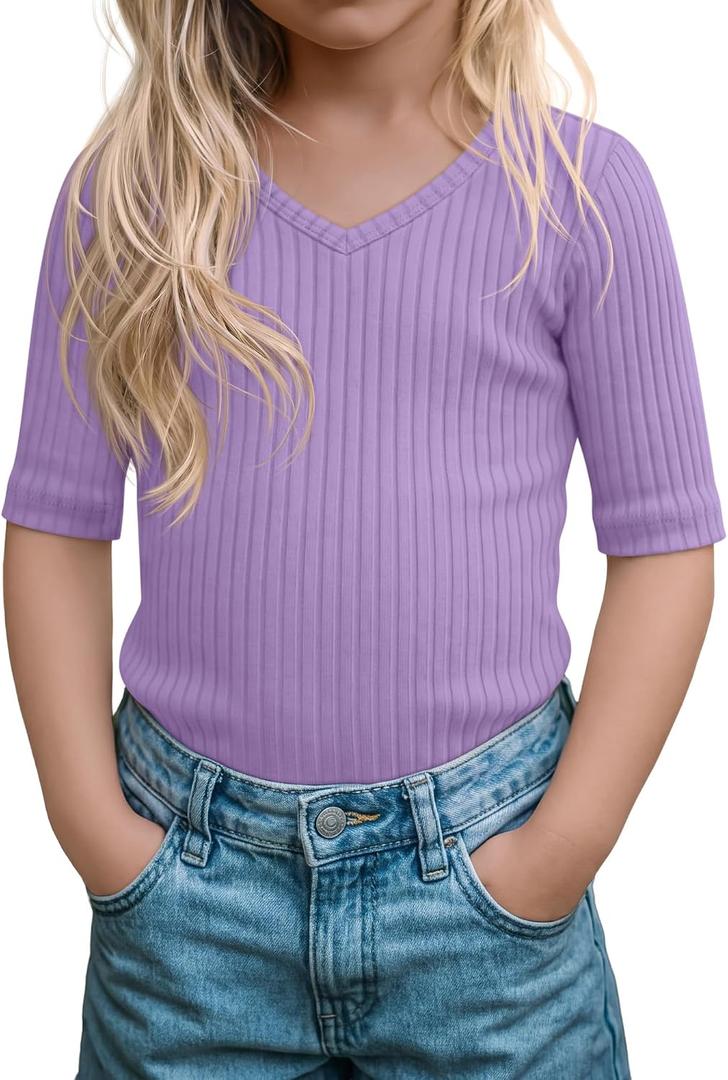 Toddler Girls Short Sleeve Shirt Cotton Ribbed Slim Fit V Neck Elbow Length Casual Soft Basic Top Kids Summer Tee