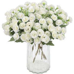 White Carnations Artificial Flowers 5 Bundles Life-Like Faux Carnation Silk Flowers with Stem and Greenery, Fake Carnation Flowers Arrangements for Vase Home Decor Wedding Mother's Day (White)
