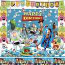 Cartoon Birthday Decorations, Cartoon Party Supplies - Happy Birthday Banner Balloons Plates Backdrop Cake Toppers Tablecloth Hanging Swirls Stickers