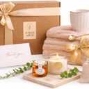 Gift Basket for Women, Unique Birthday Gift, Relaxation or Get Well Soon Gift – Cozy Blanket, Mug, Candle, Honey Jar, Herbal Tea, Gold Spoon, Thank you Card, Gift Box – White Arch