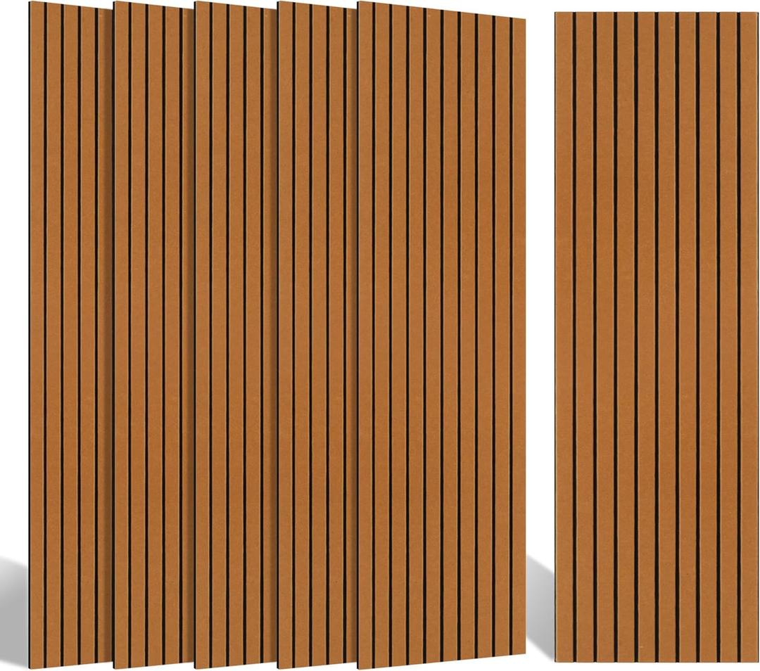 BUBOS 10 Pack Large Acoustic Panels, 48"X 12"X 0.4", Sound Proof Panels for Walls, Decorative, Self-Adhesive, 3D Slat (Brown 01)