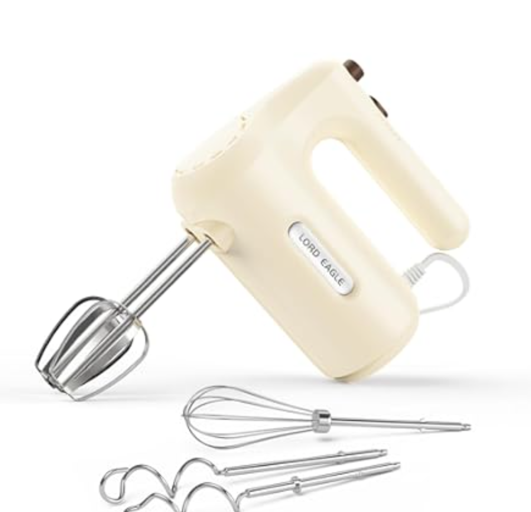 Lord Eagle 5-Speed Hand Mixer Electric Heldhand, 300W Compact Mixer for Baking, Egg Beater, Blending or Cooking, Portable & Lightweight, 5 Accessories, Beige Color