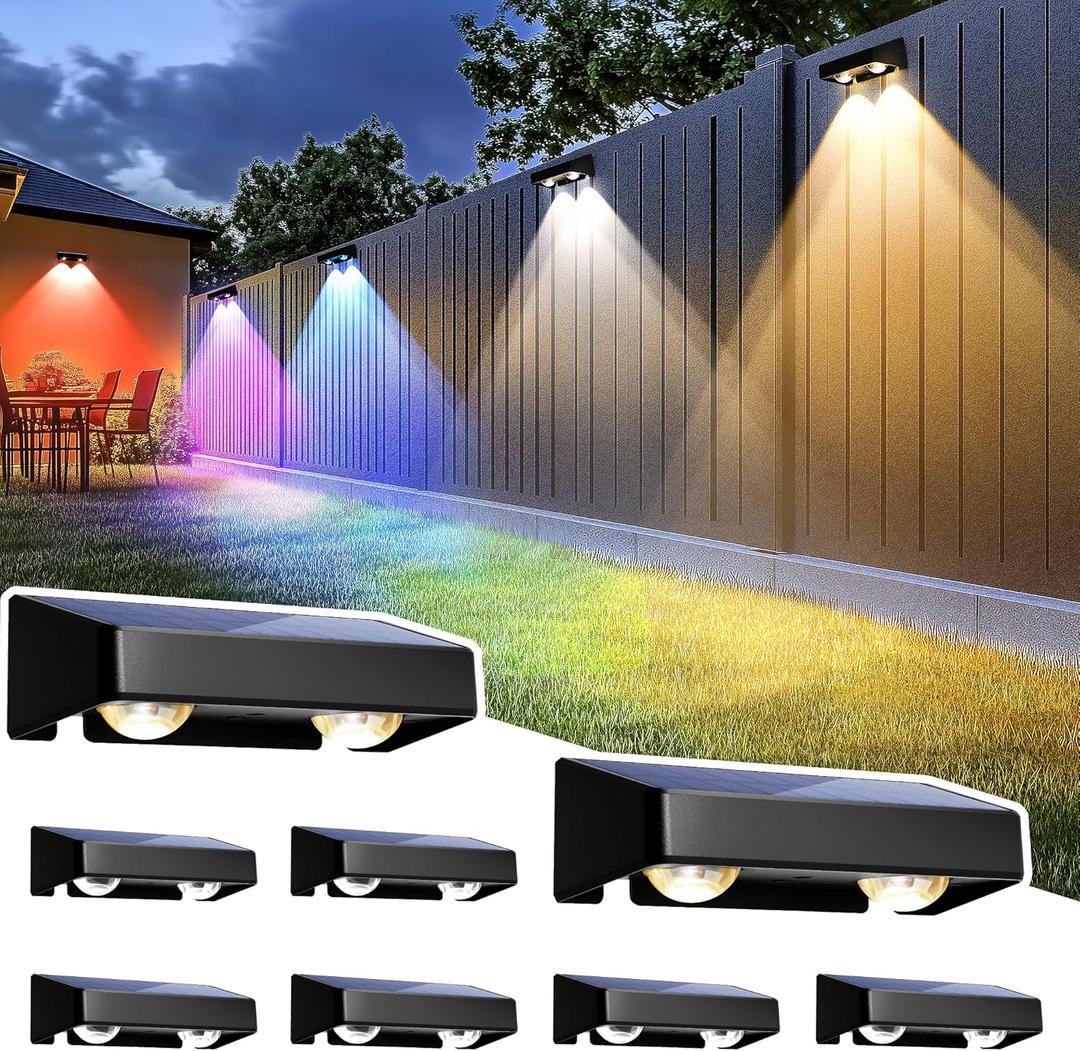 SOLPEX Solar Fence Lights Outdoor, 9 Fixed Colors  Color Changing Fence Solar Lights Outdoor Waterproof IP65, LED Deck Lighting for Backyard Wall Step Patio Railing Pool Porch (8 Pack) (Black)