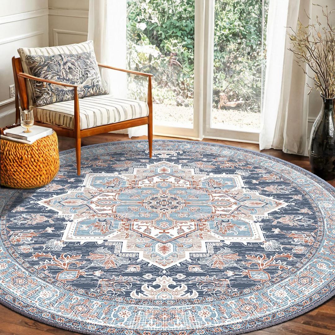 BESTSWEETIE 6ft Area Rugs for Living Room Washable Non Slip Carpet Low Pile Soft Vintage Print Pattern Rug for Bedroom Dining Room Kitchen Entryway Indoor-Navy Blue/Light Blue/Natural/Brick