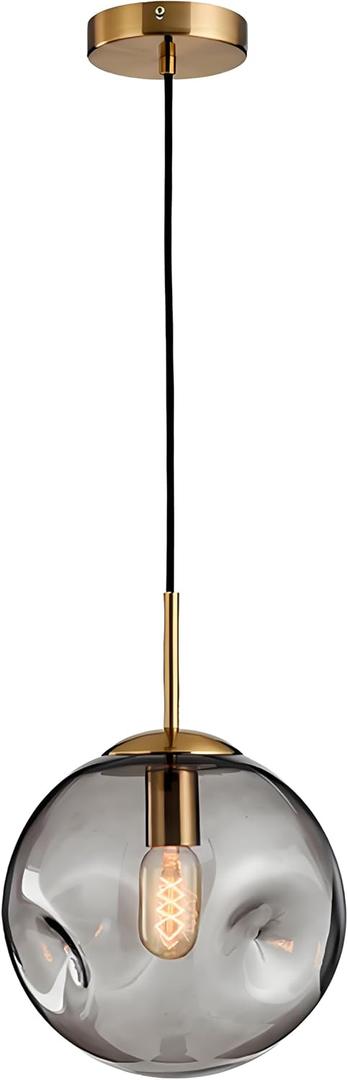 Modern Glass Pendant Light 9.84'' – Handcrafted Bubble Glass Globe with Golden Holder – E26 Ceiling Hanging Lamp for Kitchen Island,Dining Room,Bedroom,Café,Bar – Smoky Grey Lampshade (25cm)