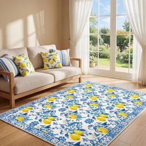 SATINIOR Lemon Area Rugs 5x7 Feet Summer Area Kitchen Rugs Blue and Yellow Lemon Textured Carpet Home Decorations Non Slip Washable Mat Carpet for Living Room Entryway Bedroom Laundry Room Indoor