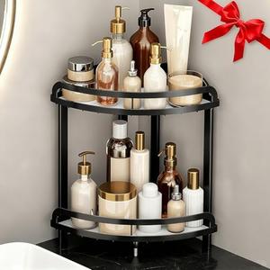 YIWANFW Black Bathroom Counter Organizer XL Corner Shelf, 2-Tier Bathroom Organizers Countertop, Large Capacity Corner Kitchen Storage, Skincare Makeup Vanity Tray, 9''L x 9''W x 13.8''H