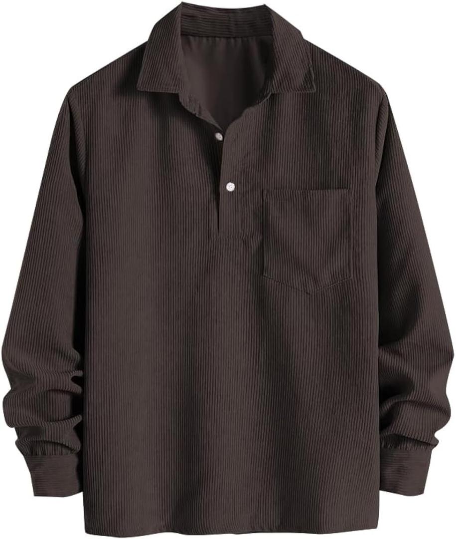 ZAFUL Men's Corduroy Shirts Solid Color 2025 Fall Half Button Long Sleeves Polo Shirt Casual Work Collared Shirt with Pocket (M)
