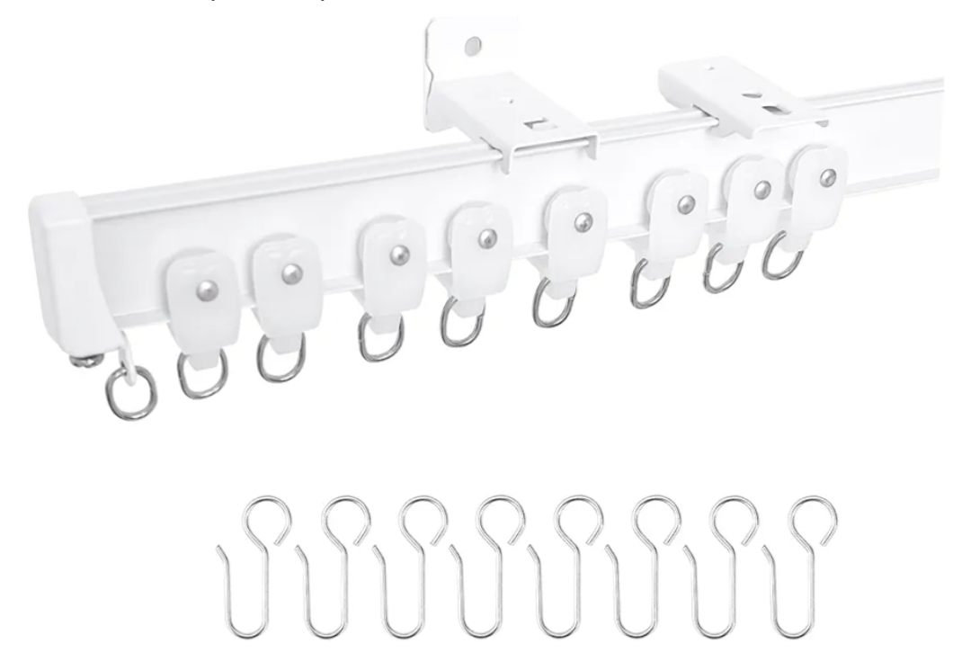 Aluminum Ceiling Curtain Track Set with Hooks Ceiling Mount and Wall Mount Room Divider Sliding Curtain Tracks Rods Flexible Heavy Duty Curtain Rail Hook Sets,White,9FT