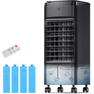 NOMEY 3-IN-1 Windowless Evaporative Air Cooler 4 Modes & 3 Speeds, Waterless Alert System, 12H Timer, 1 Gal Detachable Water Tank, 4 Ice Packs, Remote, 70 Oscillation Air Conditioner for Room Office (Deep Black)