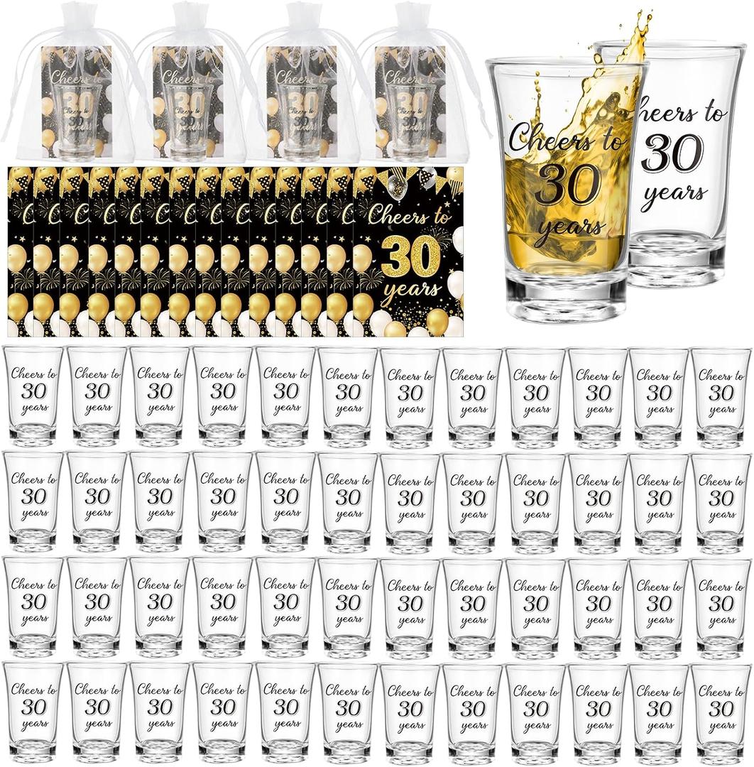 50 Set 30th Birthday Party Favors for Guests Black Gold 30 Years Old Acrylic Clear 1 oz Shot Glasses with Thank You Cards Gift Bags