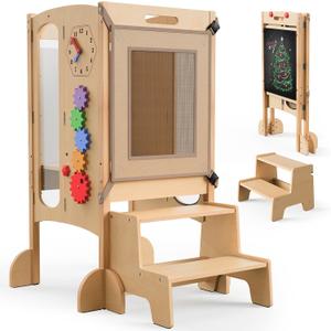 Toddler Tower Foldable Toddler Kitchen Stool Helper with 2 Step Stool, Safety Net, Adjustable Height, Chalk-Whiteboard& Montessori Activity
