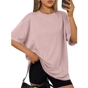 Trendy Queen Womens Oversized T-Shirts Short Sleeve Crew Neck Summer Tops (Pink, XS)
