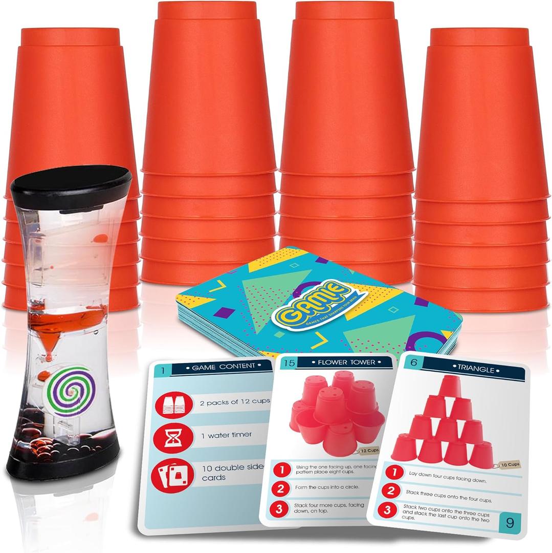 Gamie Stacking Cups Game for Kids - Set Includes 24 Cups, 18 Fun Challenging Cards, and Water Timer - Family Games for Kids and Adults, Indoor Recess Game for Classroom, Gifts for Boys and Girls