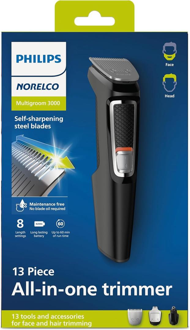 Norelco Philips Multi Groomer All-in-One Trimmer Series 3000-13 Piece Mens Grooming Kit for Beard, Face, Nose, Ear Hair Trimmer and Hair Clipper - NO Blade Oil Needed, MG3740/40 (Black/Chrome)