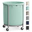 SONGMICS 50.2-Gallon (190 L) Laundry Basket with Wheels, Rolling Round Heavy-Duty Laundry Hamper Cart with Steel Frame and Removable Bag, 2 Locking Wheels, Mint Green and Metallic Silver URLS001C01