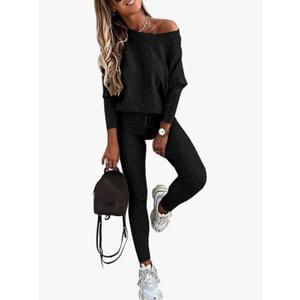 CHICME 2 Piece Lounge Outfit Long Sleeve Knit Pullover Tops Drawstring Pants Set Tracksuit Sweatsuit, Size Small