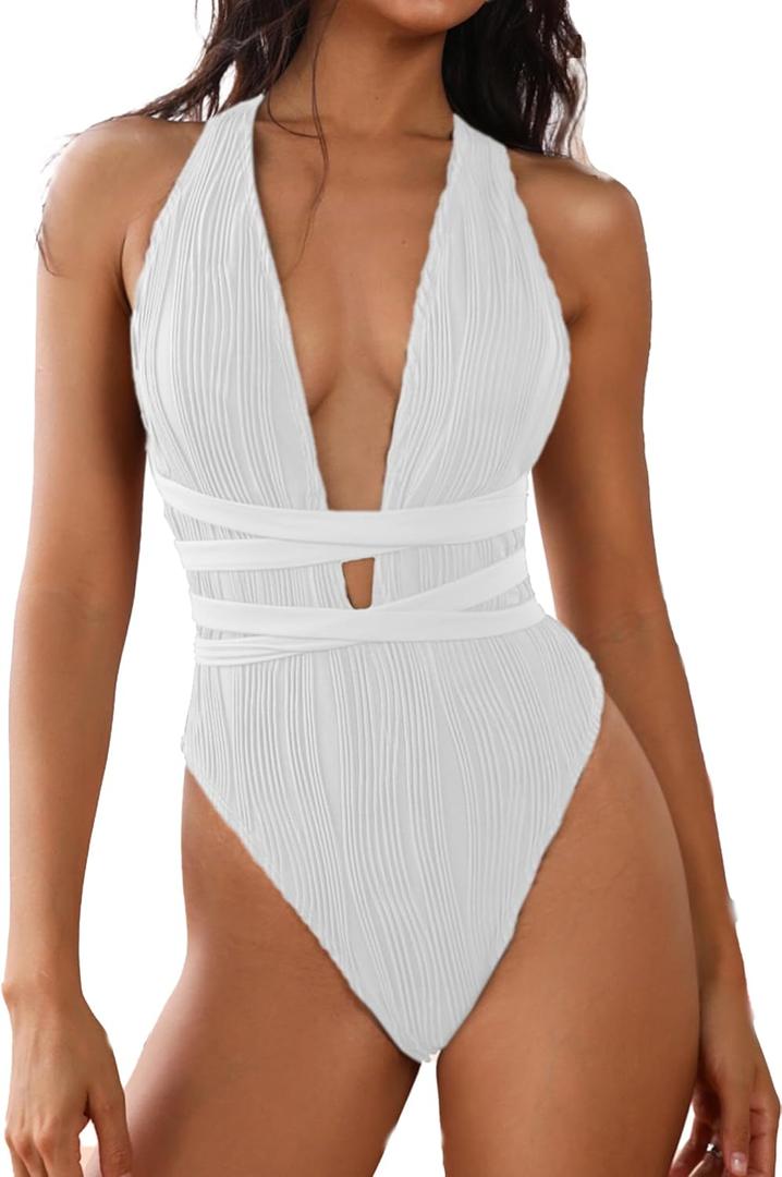 ZAFUL Women's One Piece Swimsuit Deep V Neck Ribbed Self Tie Sexy High Cut Bathing Suit Crisscross Back Swimwear (White), S
