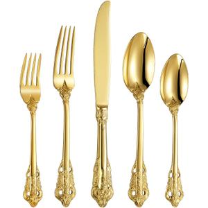 KEAWELL Luxury 20 Pieces 18/10 Stainless Steel Flatware set, Service for 4, silver plated with gold accents, Fine Silverware set and Dishwasher Safe (Gold)