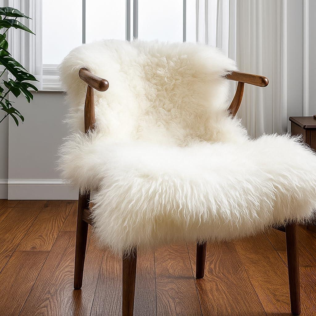 Genuine Sheepskin Rug New Zealand Sheep Skin Fluffy Soft Single Pelt Lambskin for Bedroom, Living Room, Sofa, Chair, Bedside Natural Ivory White Area Rug (2 x 3 Ft)