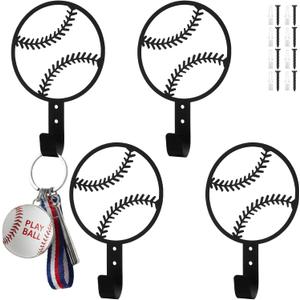 4 Pcs Baseball Metal Key Hooks for Wall Decorative Key Holder 4.7 x 7.1 Inches Coat Rack Wall Mounted Black Art Decor for Gift Coats Hats Towels Bags Hanging