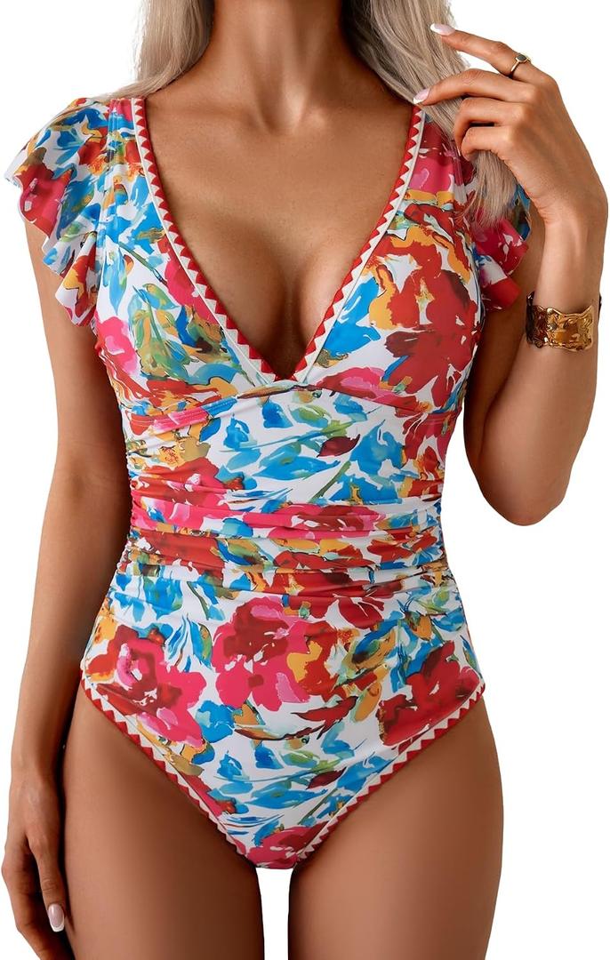 Aidonger Women's One Piece Ruffle Swimsuit Tummy Control Bathing Suit, M