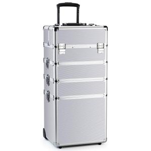 OUDMAY Makeup Rolling Train Case 4-in-1 Professional Artist Trolley Cosmetic Organizer with 2 Wheels Durable Aluminum Frame Folding Trays and Locks Silver