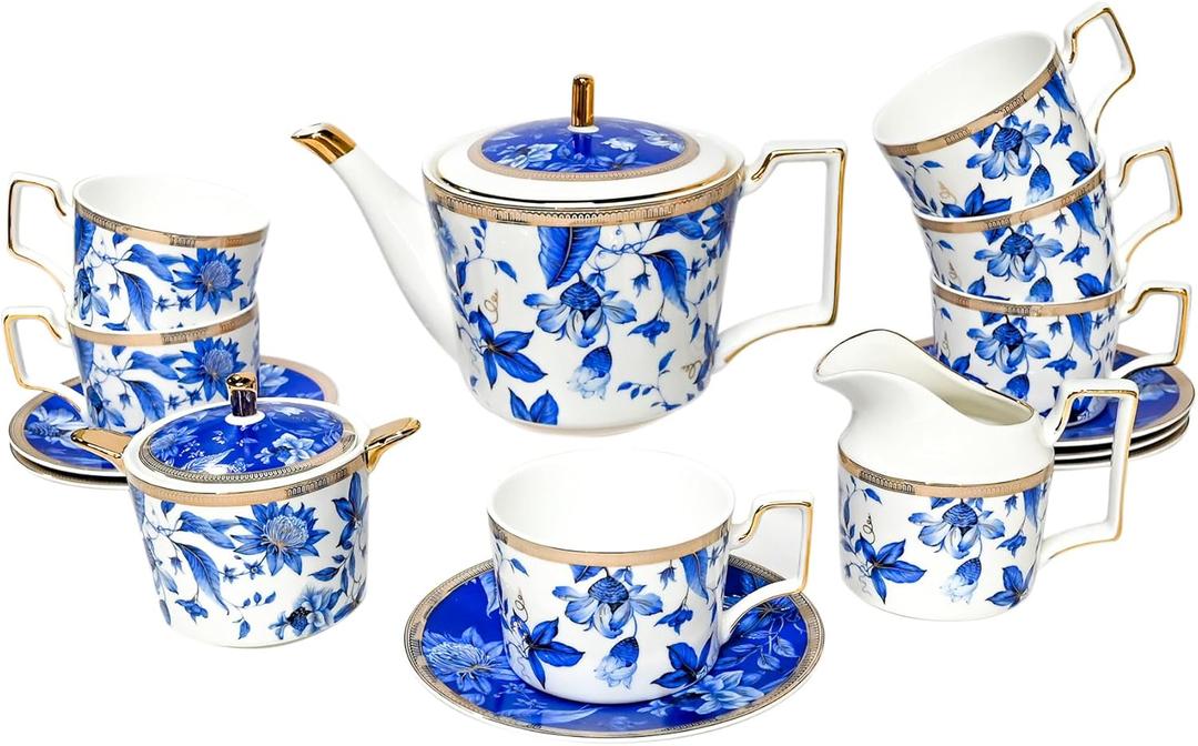 Bone China Tea Set for Adults, Blue and White Porcelain Tea Sets, Bone China Tea Cup Set With Teapot Creamer Pitcher Sugar Bowl and Teaspoons, Vintage Tea Sets for Women Tea Part