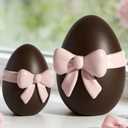 DN DECONATION Easter Decorations Egg Figurines Set with Pink Bows, 2PCS Brown Easter Spring Decor & Farmhouse Home Tabletop Decor, Resin Egg Statues Sculptures for Shelf Coffee Table Mantel