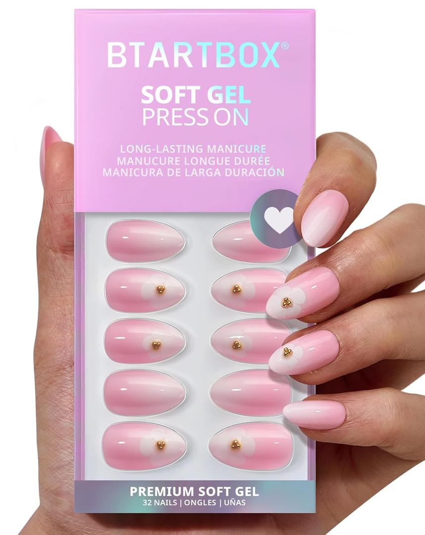 2 x BTArtbox Press on Nails, Short Almond Pink Fake Nails, 32Pcs Full Kit
