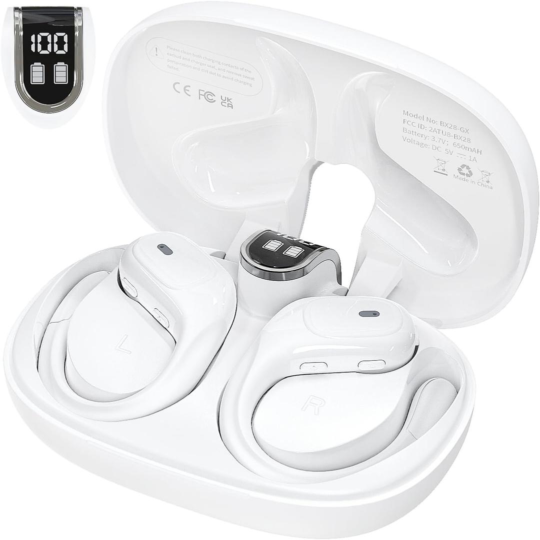 Wireless Earbuds Bluetooth Headphones Sport Ear Buds with 90Hrs Playback Earhook LED Display Charging Case IPX7 Waterproof Earbud Deep Bass Running Earphones for iOS Android (White)
