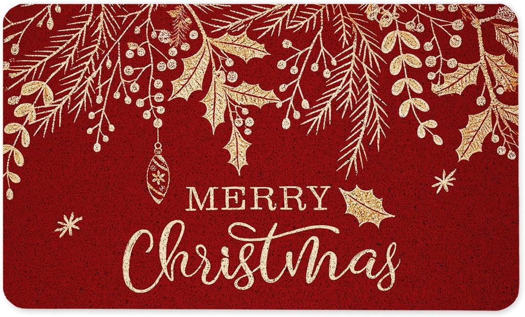 Merry Christmas Door Mat, Red and Gold Leaf Christmas Doormat for Front Door Indoor Outdoor Entrance Porch, Xmas Winter Welcome Mat Outside, Xmas Holiday Bath Mats, 17x30 Inches