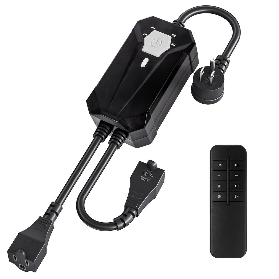 Outdoor Dimmer for String Lights Remote Control Plug in, Foallser IP55 Waterproof Outdoor Light Timer, 85V-265V 2 Outlets Outside Light Switches for INC CFL LED, Dimmable, 2H/4H/6H/8H Timable